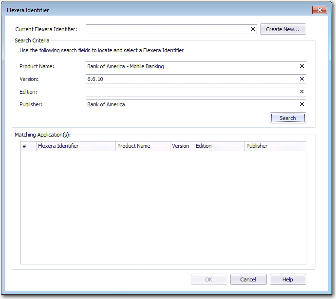Flexera Identifier Dialog Box / Before Search