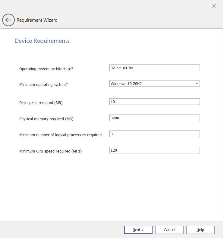 Requirement Wizard / Device Requirements Panel