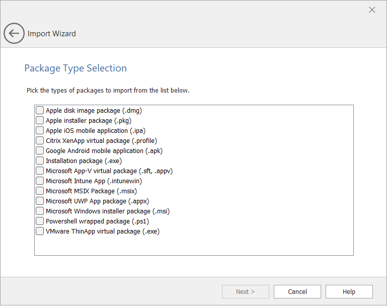 Import Wizard / Package Type Selection Panel (Folder of Multiple Applications)