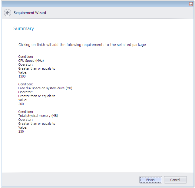Requirement Wizard / Summary Panel