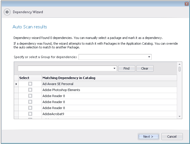Dependency Wizard / Auto Scan Results Panel / No Dependencies Found